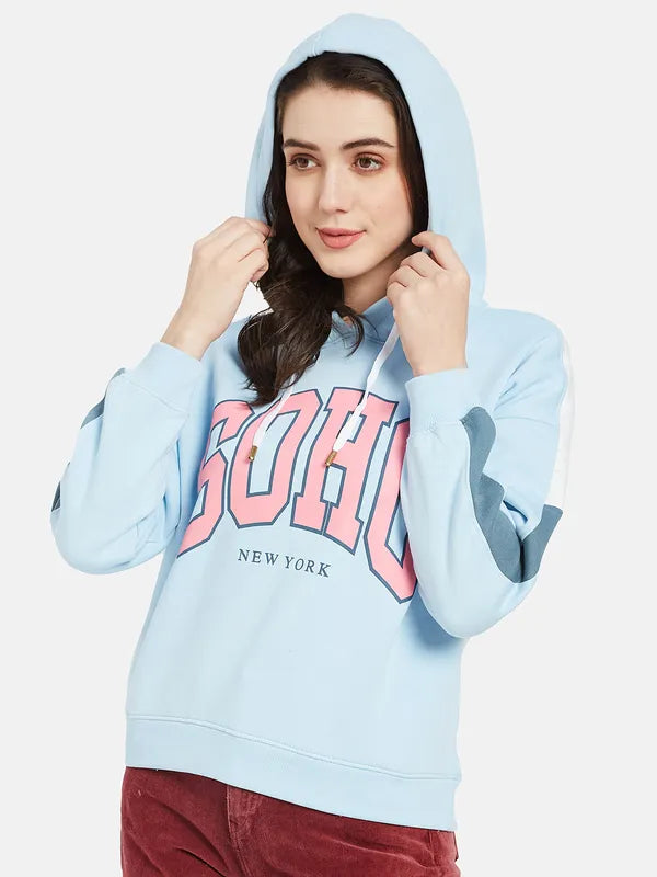 Mettle Women Blue Printed Hooded Sweatshirt