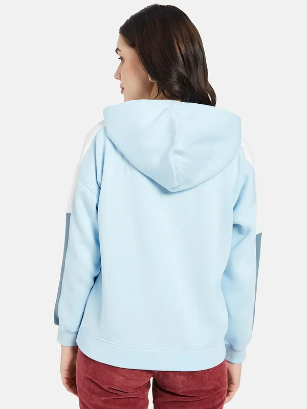 Mettle Women Blue Printed Hooded Sweatshirt