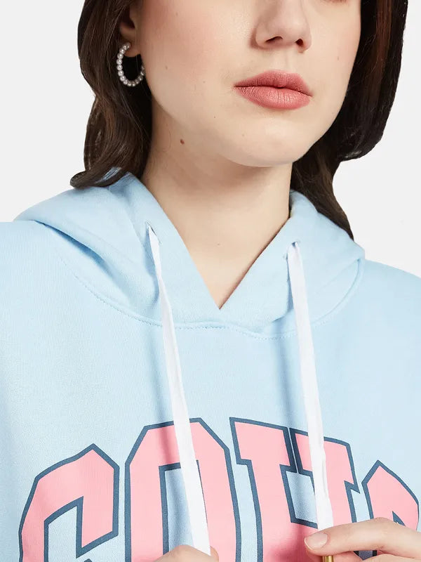 Mettle Women Blue Printed Hooded Sweatshirt