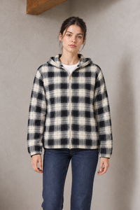 Women's Regular Fit Crystal Knit Checkered Hooded Full Zip Sweatshirt – Denim