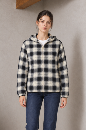 Women's Regular Fit Crystal Knit Checkered Hooded Full Zip Sweatshirt – Denim