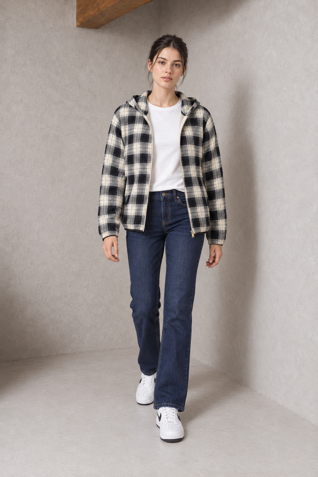 Women's Regular Fit Crystal Knit Checkered Hooded Full Zip Sweatshirt – Denim