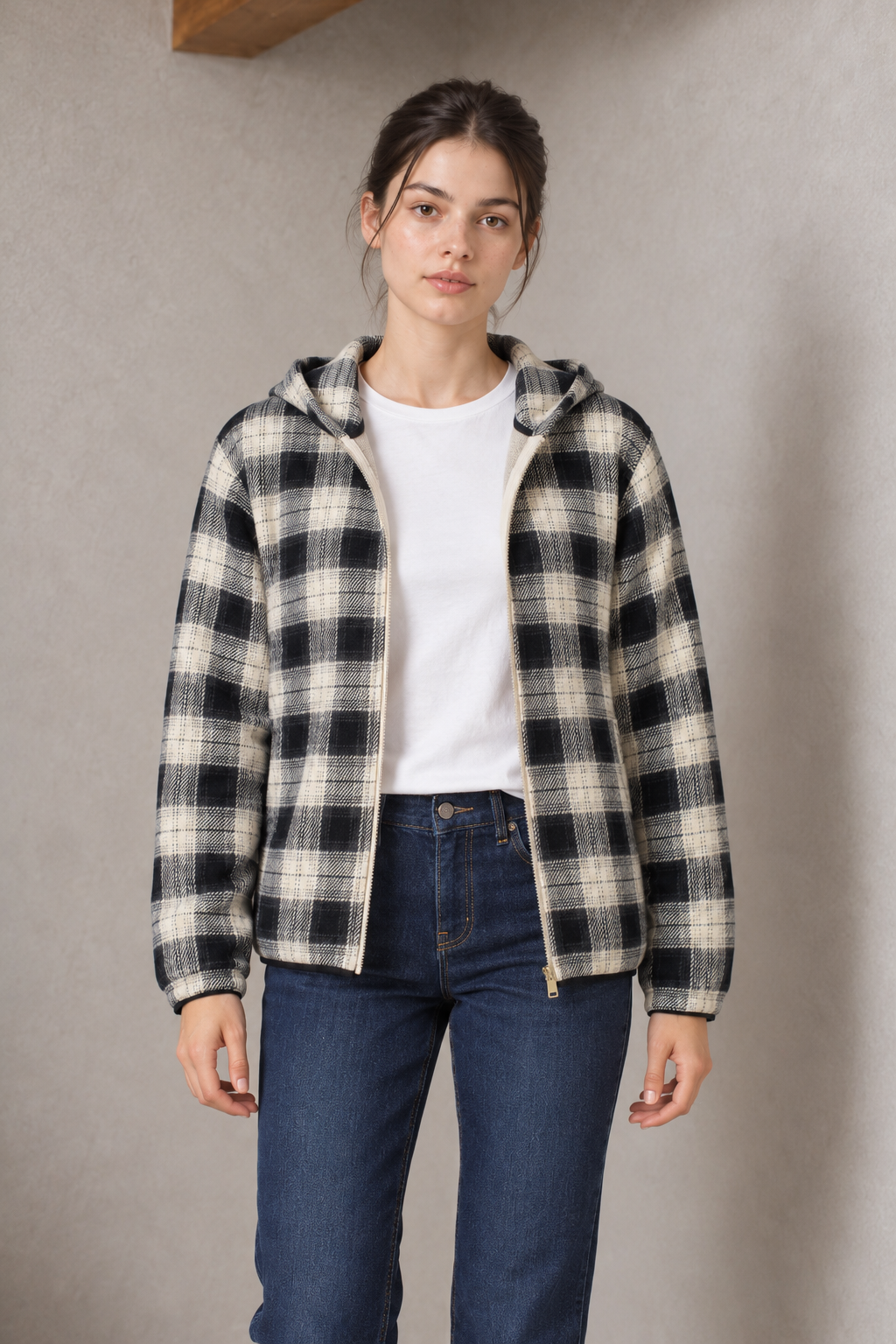 Women's Regular Fit Crystal Knit Checkered Hooded Full Zip Sweatshirt – Denim