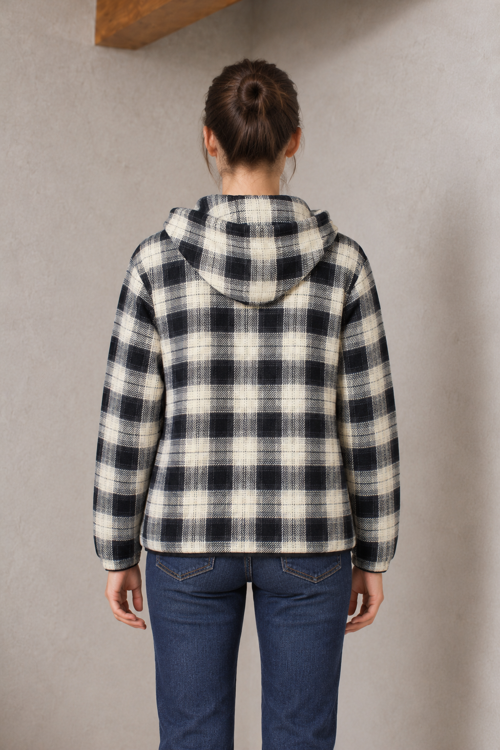 Women's Regular Fit Crystal Knit Checkered Hooded Full Zip Sweatshirt – Denim