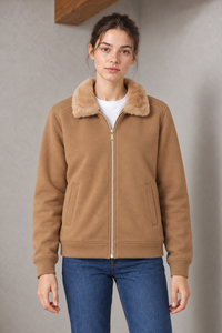 Women's Regular Fit German Velvet Full Zip Sweatshirt with Faux Fur Collar and Side Pockets – Khaki