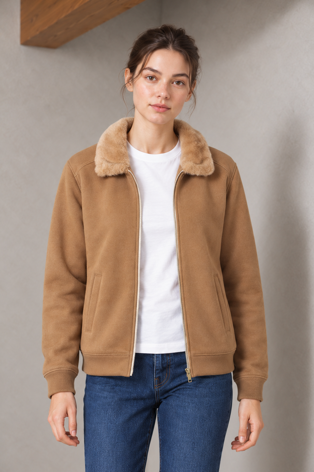 Women's Regular Fit German Velvet Full Zip Sweatshirt with Faux Fur Collar and Side Pockets – Khaki
