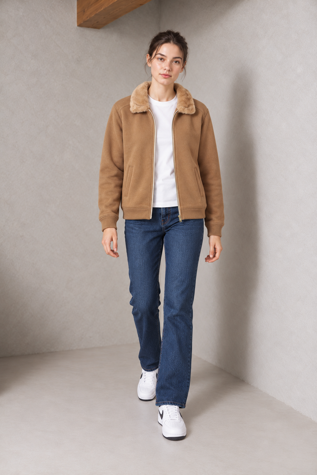 Women's Regular Fit German Velvet Full Zip Sweatshirt with Faux Fur Collar and Side Pockets – Khaki