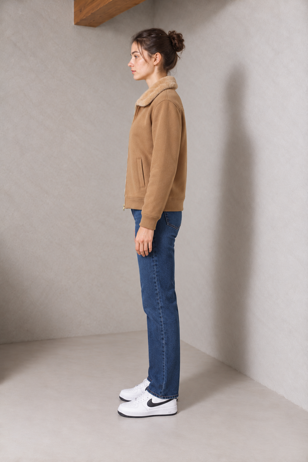 Women's Regular Fit German Velvet Full Zip Sweatshirt with Faux Fur Collar and Side Pockets – Khaki