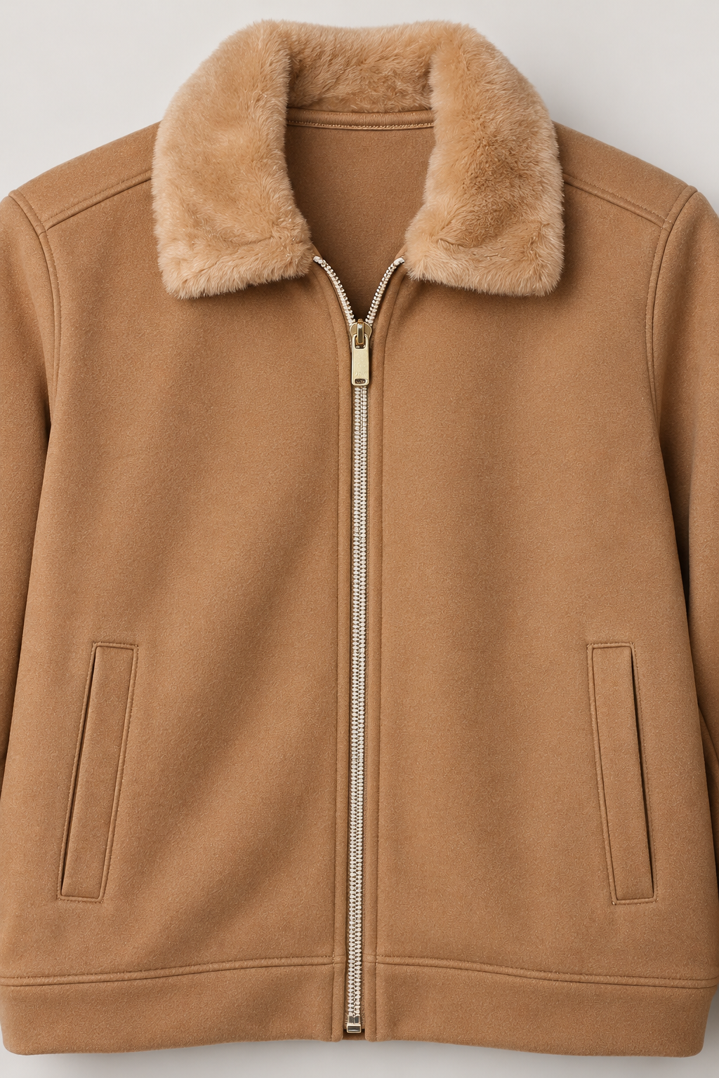 Women's Regular Fit German Velvet Full Zip Sweatshirt with Faux Fur Collar and Side Pockets – Khaki