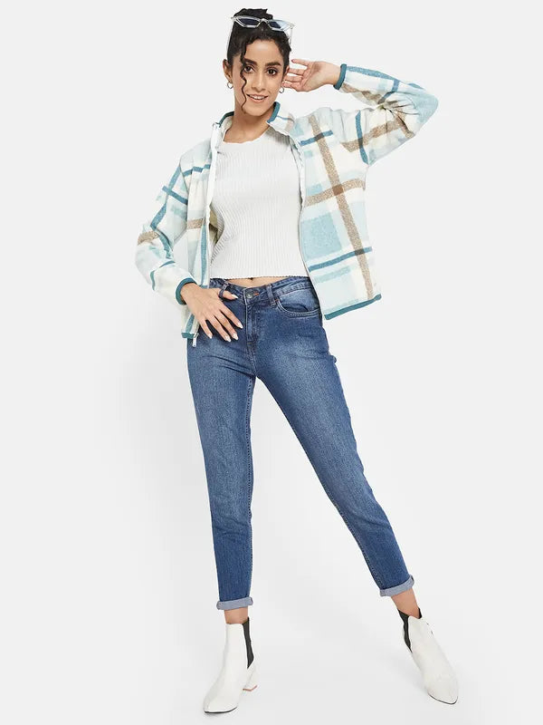 Mettle Women Blue Checked Sweatshirt