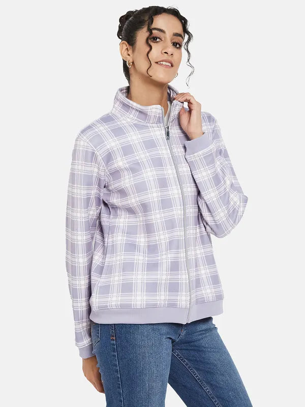 Mettle Women Purple Checked Sweatshirt