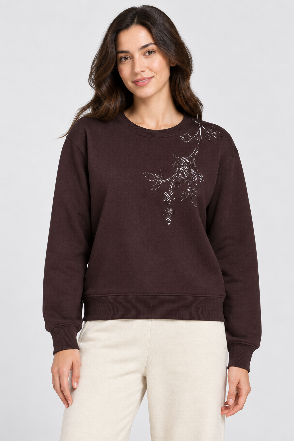 Women’s Wine Knitted Cotton Fleece Sweatshirt – Regular Fit