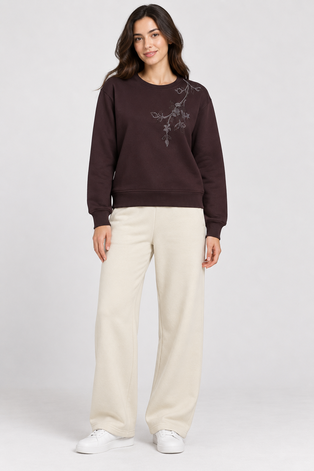 Women’s Wine Knitted Cotton Fleece Sweatshirt – Regular Fit