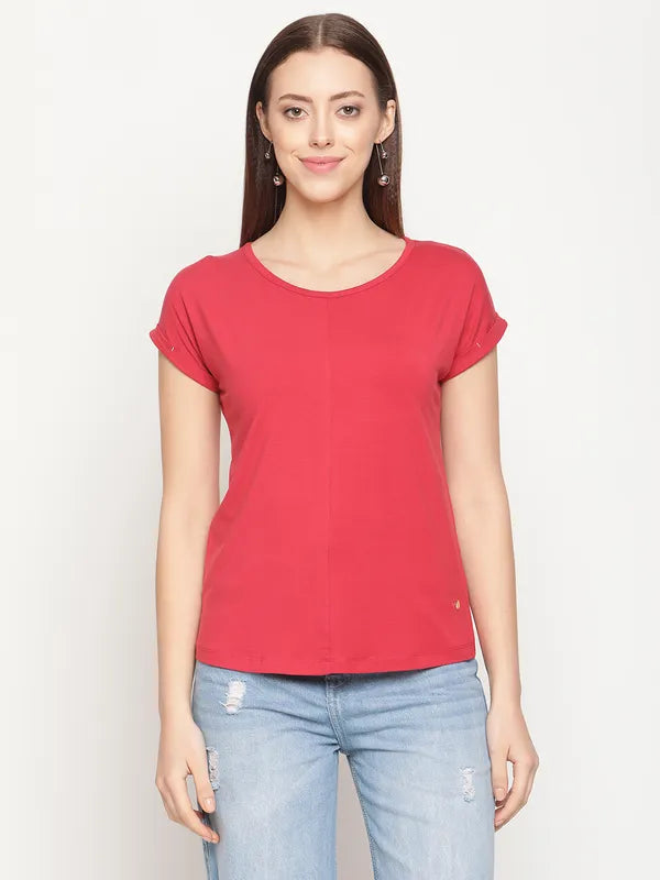 Mettle Women Coral Extended Sleeves Cotton T-Shirt