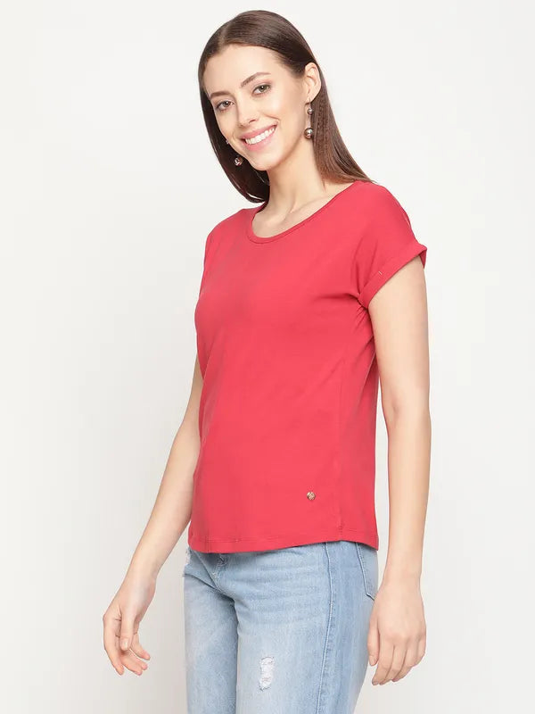 Mettle Women Coral Extended Sleeves Cotton T-Shirt