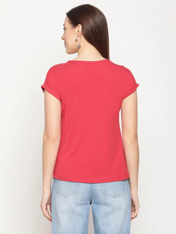 Mettle Women Coral Extended Sleeves Cotton T-Shirt