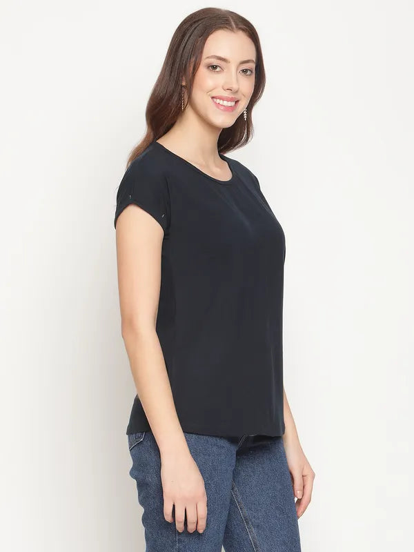 Mettle Women Blue Extended Sleeves Solid T-Shirt