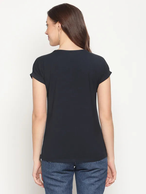 Mettle Women Blue Extended Sleeves Solid T-Shirt