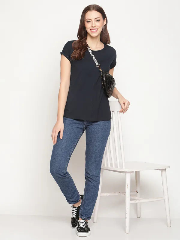 Mettle Women Blue Extended Sleeves Solid T-Shirt