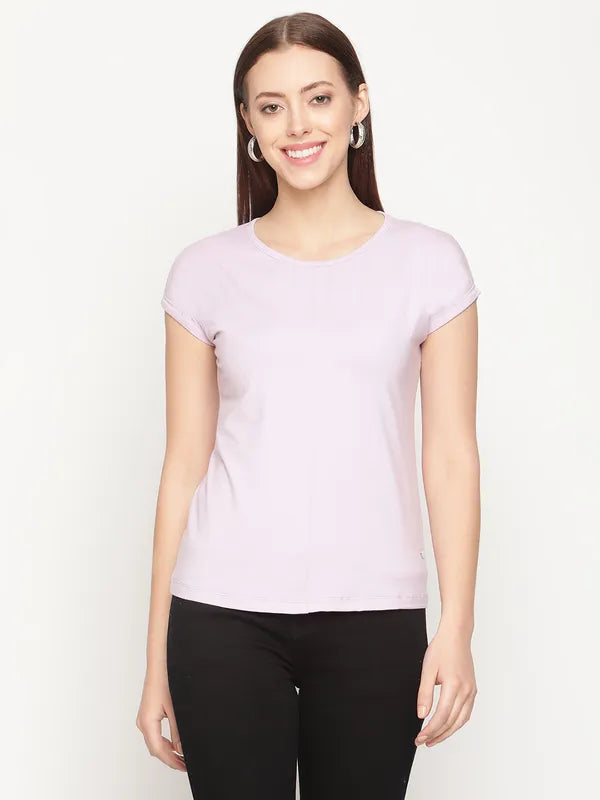 Mettle Women Purple Solid Cotton T-Shirt