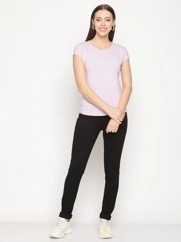 Mettle Women Purple Solid Cotton T-Shirt