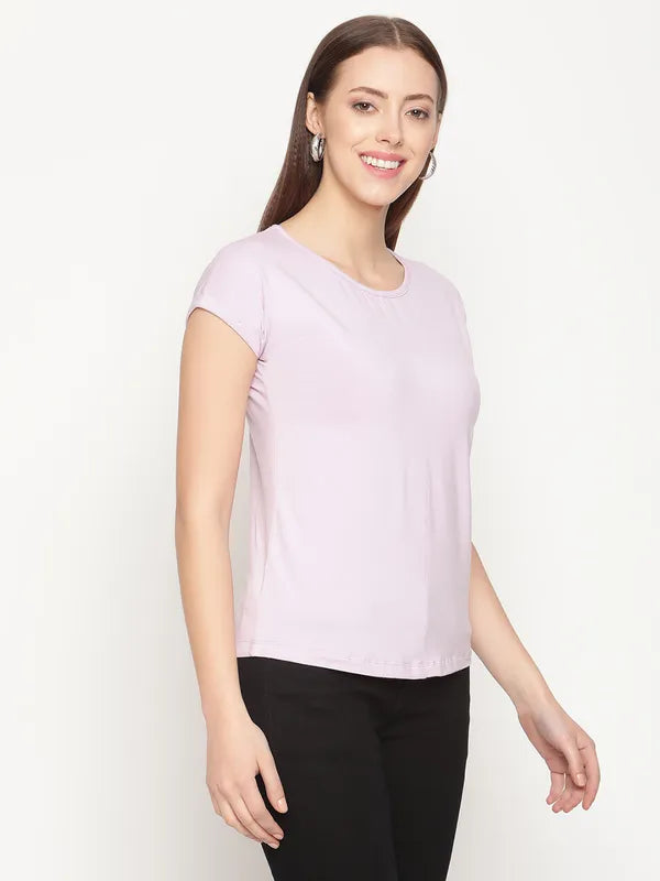 Mettle Women Purple Solid Cotton T-Shirt