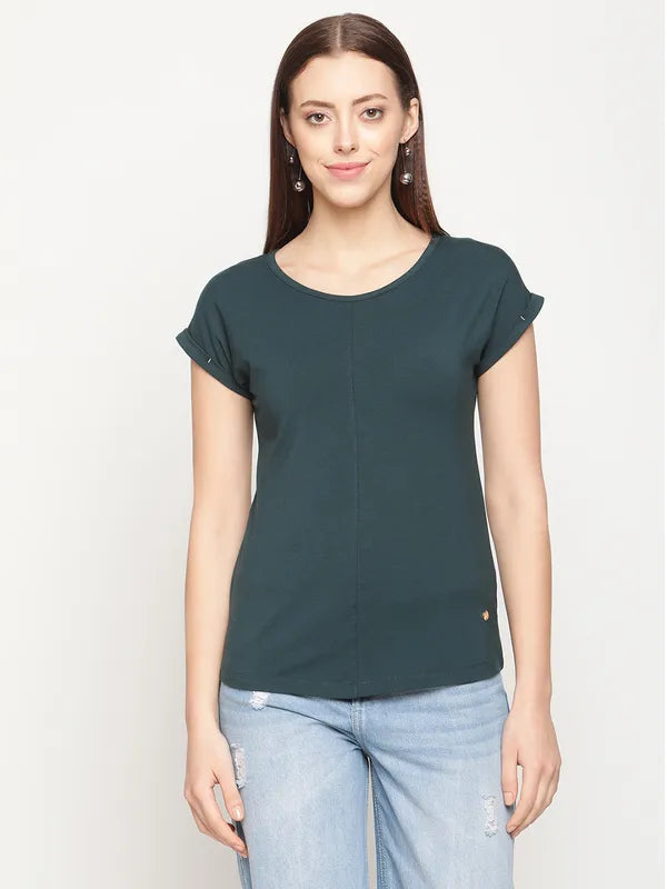 Mettle Women Green Extended Sleeves Solid T-Shirt