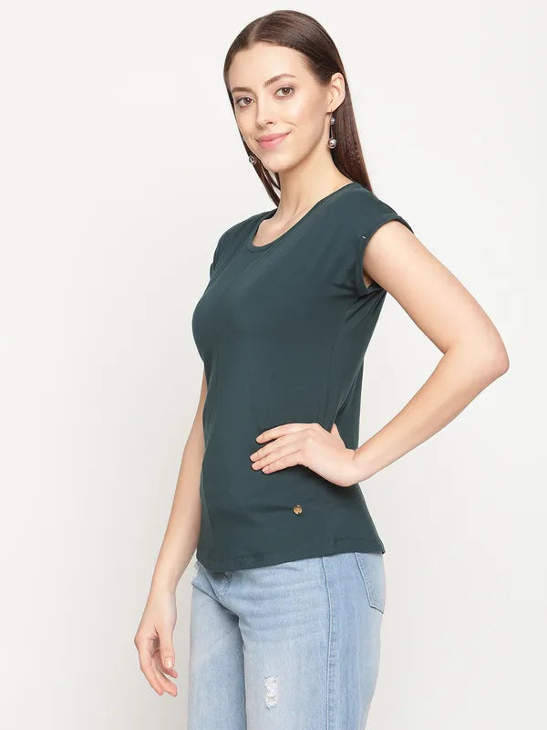 Mettle Women Green Extended Sleeves Solid T-Shirt