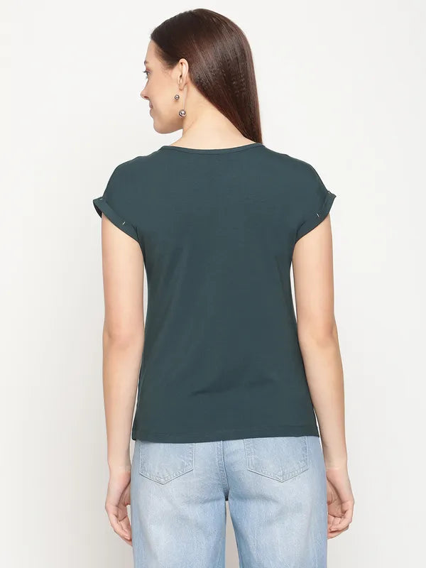 Mettle Women Green Extended Sleeves Solid T-Shirt