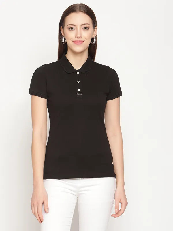 Mettle Women Black Polo Collar Cotton T-Shirt