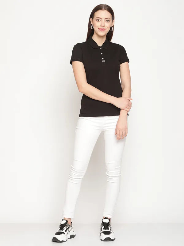 Mettle Women Black Polo Collar Cotton T-Shirt