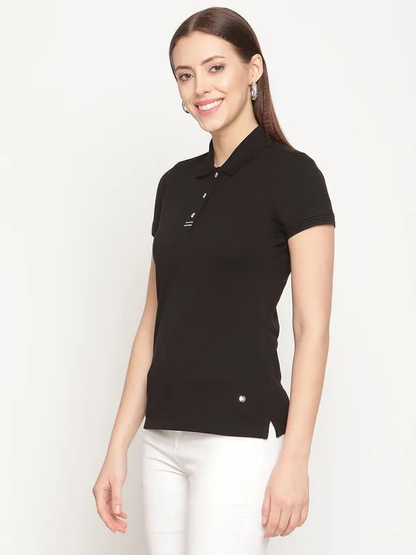 Mettle Women Black Polo Collar T-Shirt