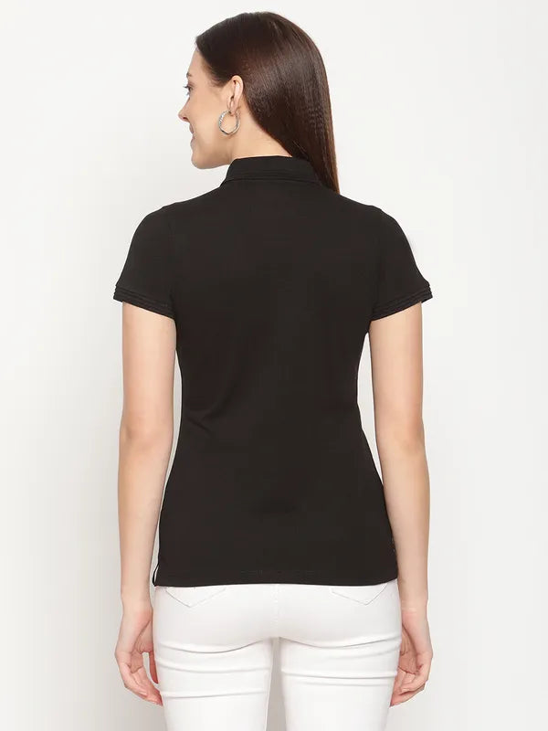 Mettle Women Black Polo Collar Cotton T-Shirt