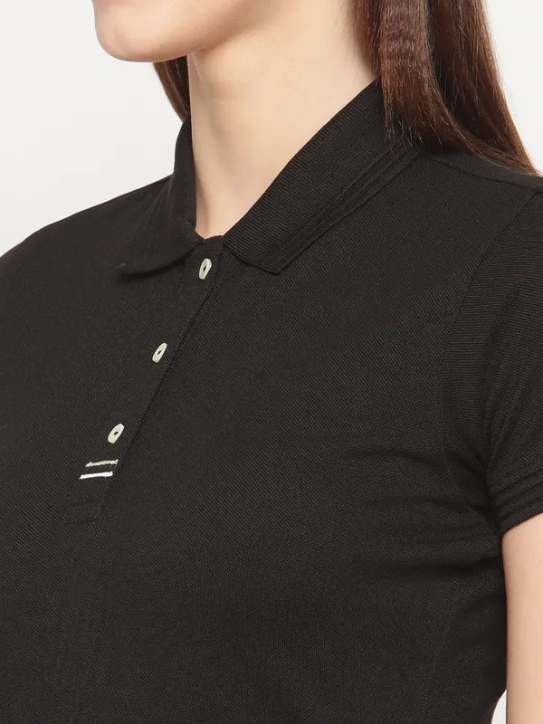 Mettle Women Black Polo Collar T-Shirt