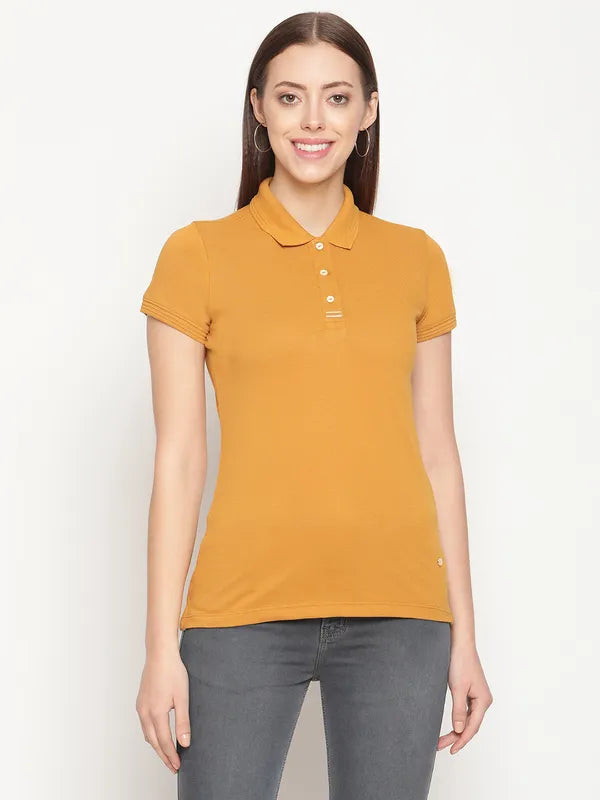 Mettle Women Mustard Yellow Polo Collar Cotton T-Shirt