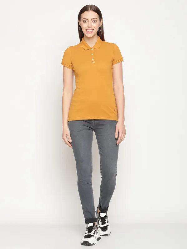 Mettle Women Mustard Yellow Polo Collar Cotton T-Shirt