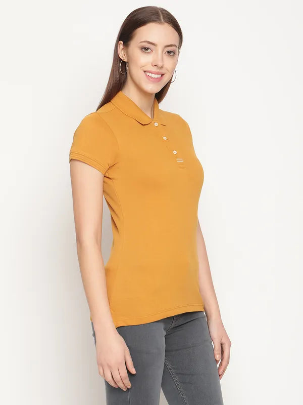 Mettle Women Mustard Yellow Polo Collar Cotton T-Shirt