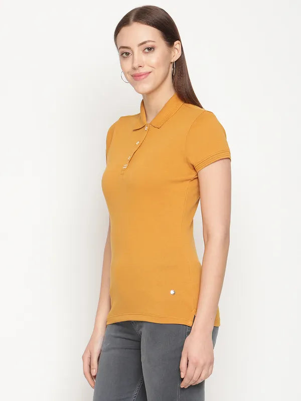 Mettle Women Mustard Yellow Polo Collar Cotton T-Shirt