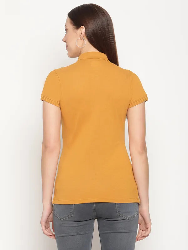 Mettle Women Mustard Yellow Polo Collar Cotton T-Shirt