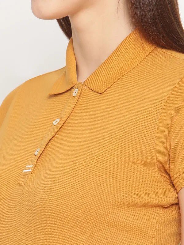 Mettle Women Mustard Yellow Polo Collar Cotton T-Shirt