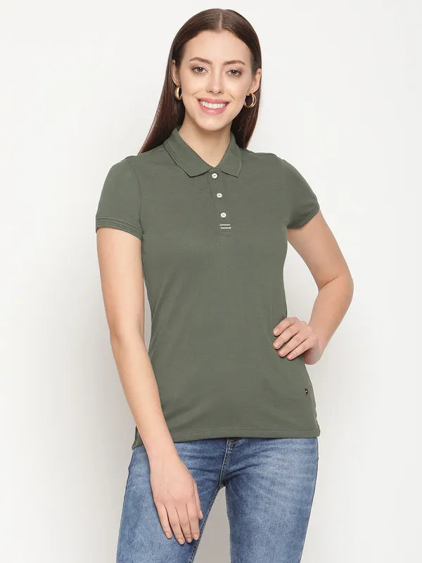 Mettle Women Olive Green Polo Collar T-Shirt