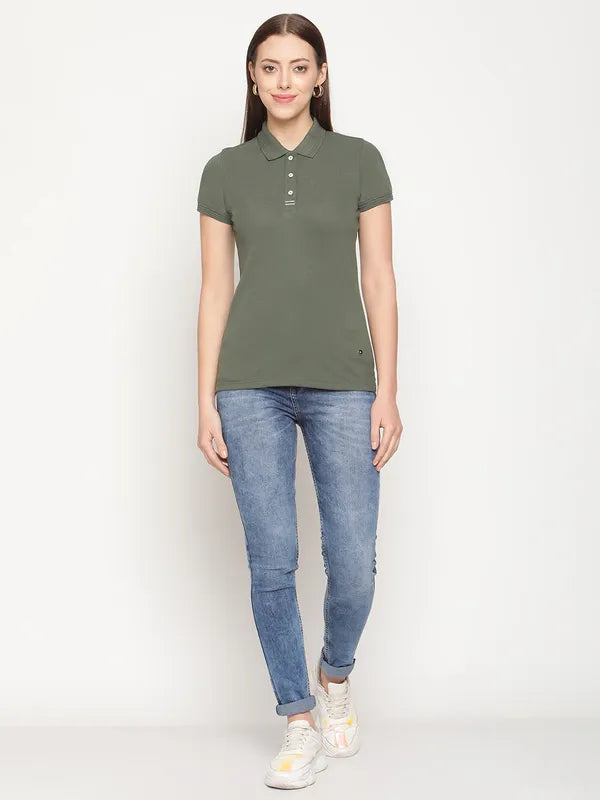 Mettle Women Olive Green Polo Collar T-Shirt