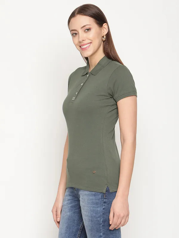 Mettle Women Olive Green Polo Collar T-Shirt