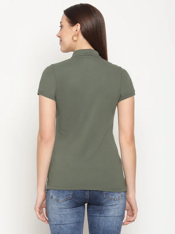 Mettle Women Olive Green Polo Collar T-Shirt