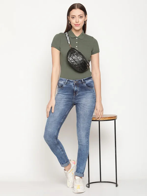 Mettle Women Olive Green Polo Collar T-Shirt