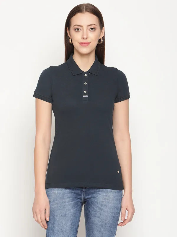 Mettle Women Blue Polo Collar T-Shirt