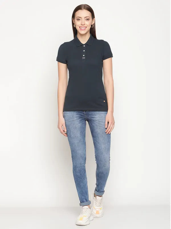 Mettle Women Blue Polo Collar T-Shirt