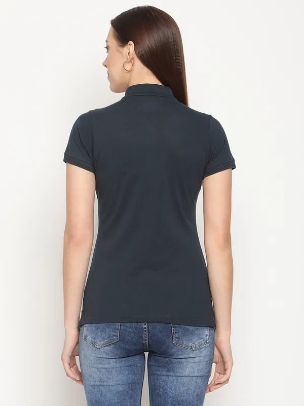 Mettle Women Navy Blue Polo Collar Cotton T-Shirt