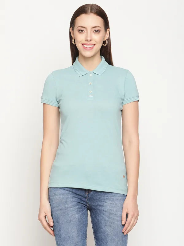 Mettle Women Blue Polo Collar Cotton T-Shirt