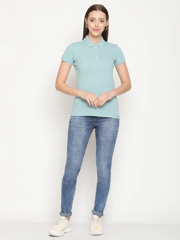 Mettle Women Blue Polo Collar Cotton T-Shirt